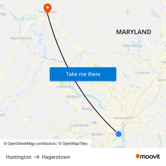 Huntington to Hagerstown map