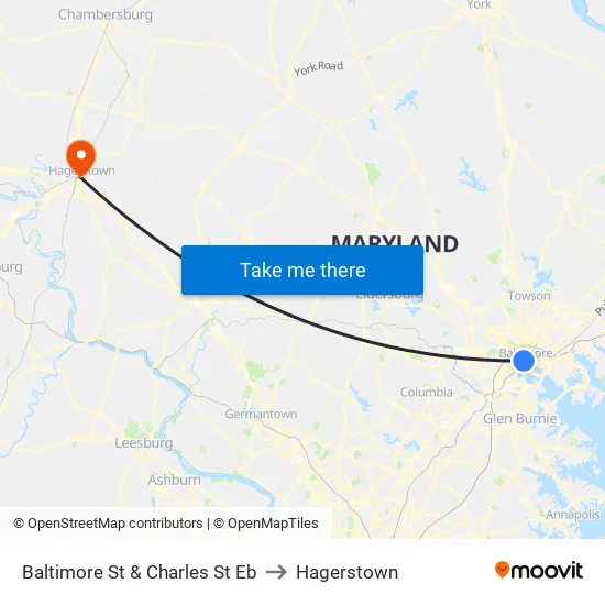 Baltimore St & Charles St Eb to Hagerstown map