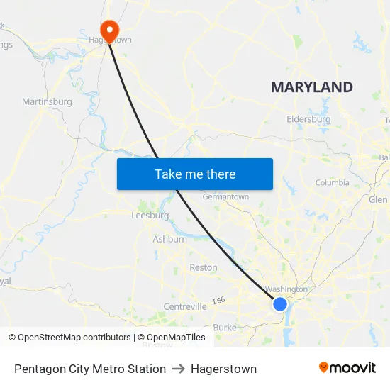 Pentagon City Metro Station to Hagerstown map