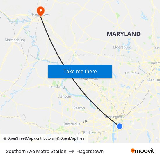 Southern Ave Metro Station to Hagerstown map