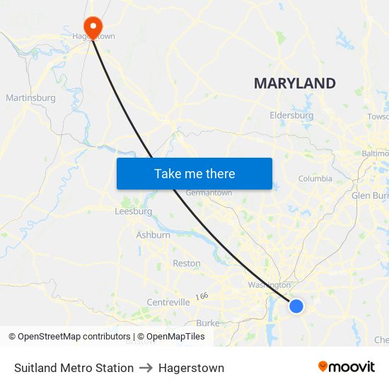 Suitland Metro Station to Hagerstown map