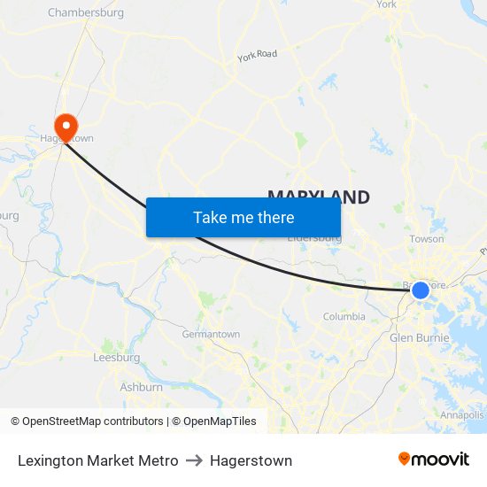 Lexington Market Metro to Hagerstown map