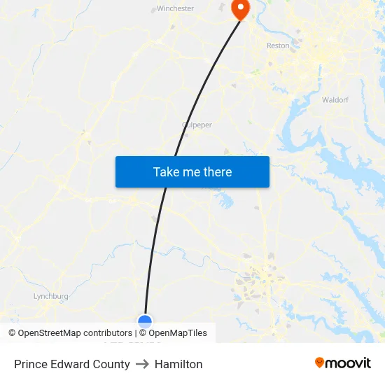 Prince Edward County to Hamilton map