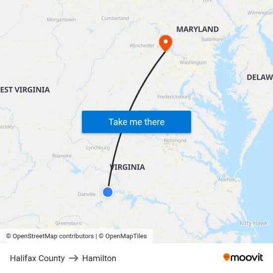 Halifax County to Hamilton map