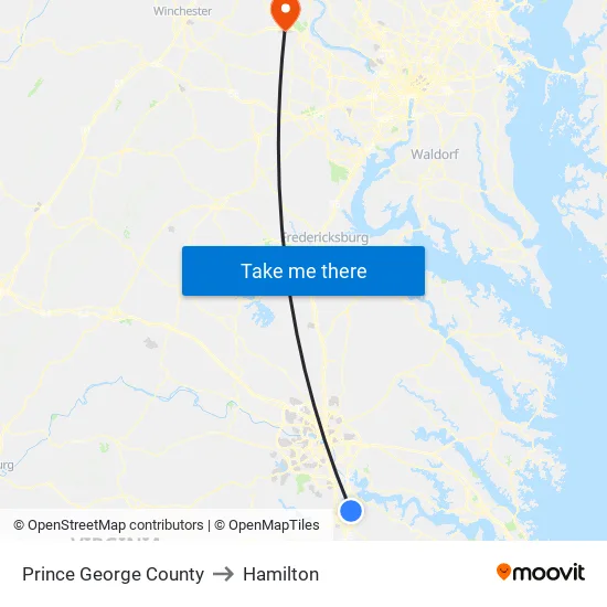 Prince George County to Hamilton map