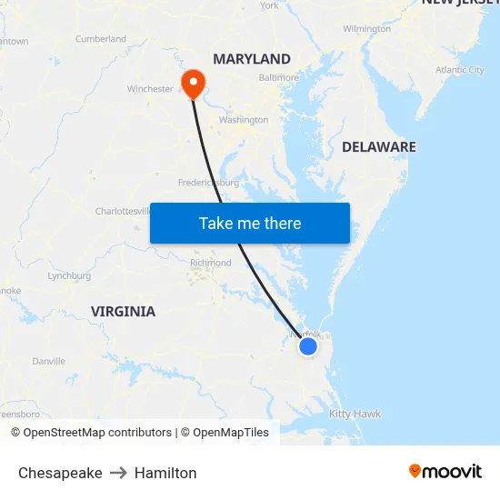 Chesapeake to Hamilton map