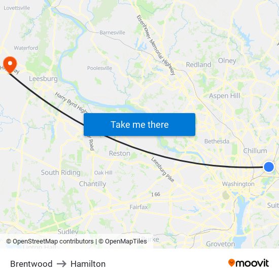 Brentwood to Hamilton map