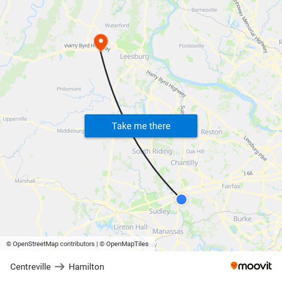 Centreville to Hamilton map