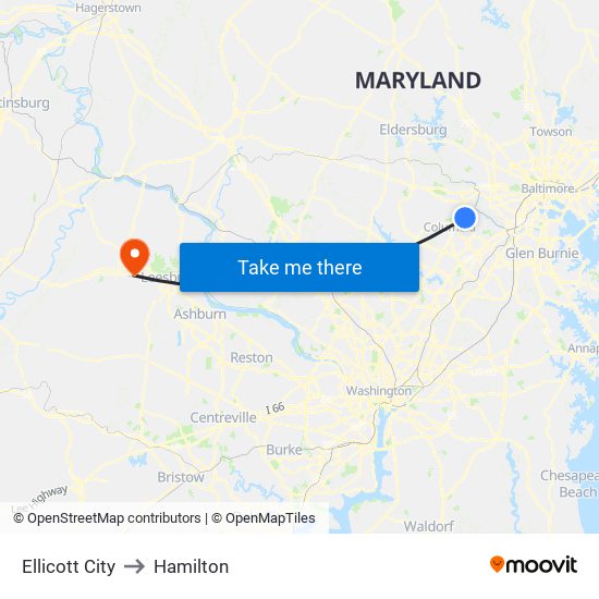 Ellicott City to Hamilton map