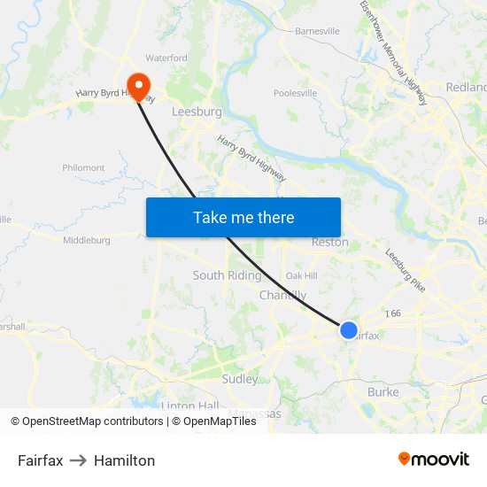 Fairfax to Hamilton map