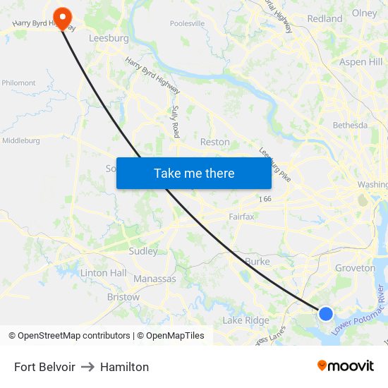 Fort Belvoir to Hamilton map