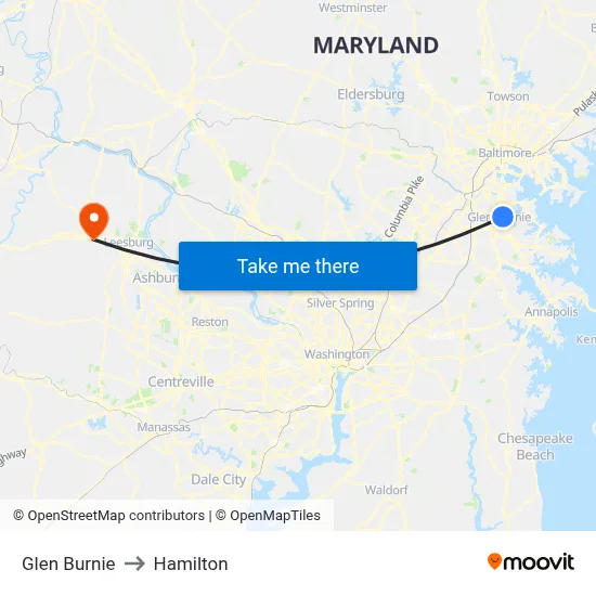 Glen Burnie to Hamilton map