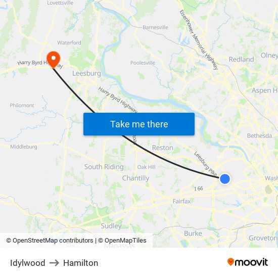 Idylwood to Hamilton map