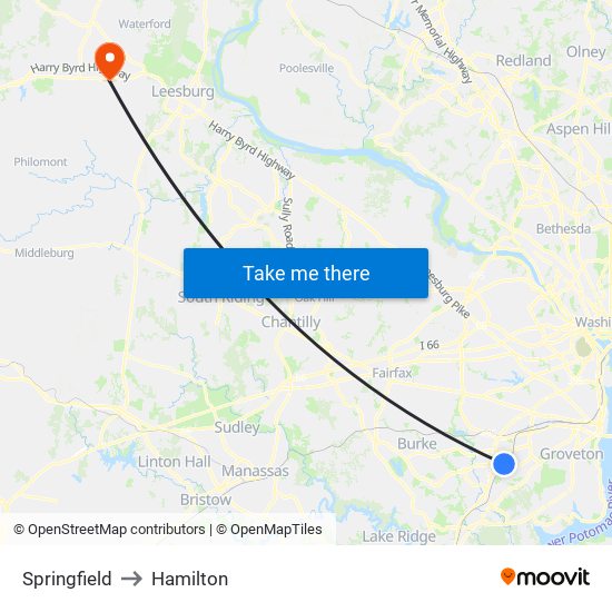 Springfield to Hamilton map