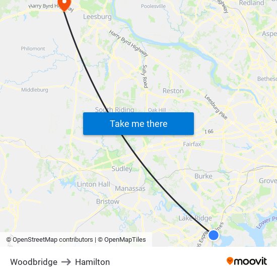 Woodbridge to Hamilton map