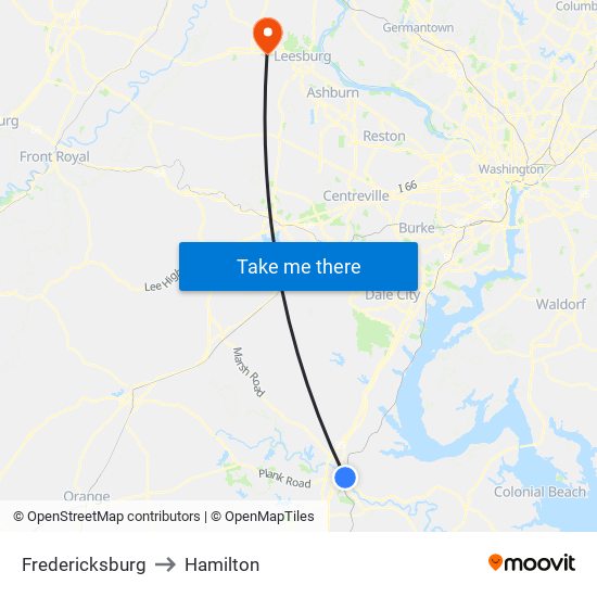 Fredericksburg to Hamilton map