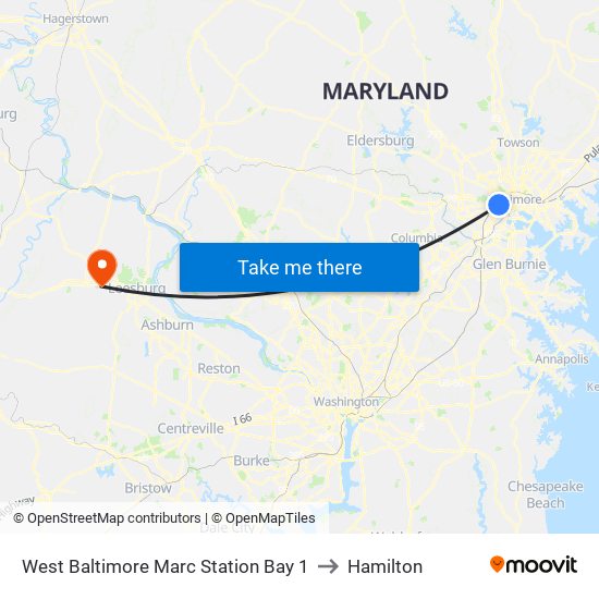 West Baltimore Marc Station Bay 1 to Hamilton map