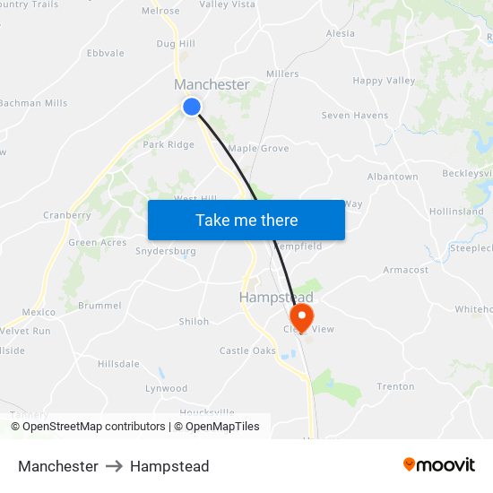 Manchester to Hampstead map