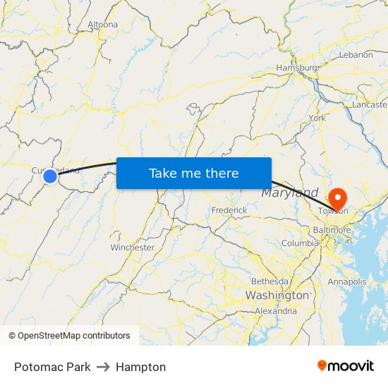 Potomac Park to Hampton map