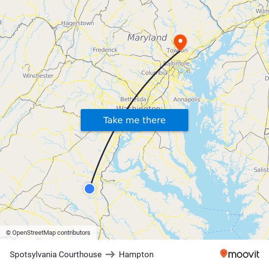 Spotsylvania Courthouse to Hampton map