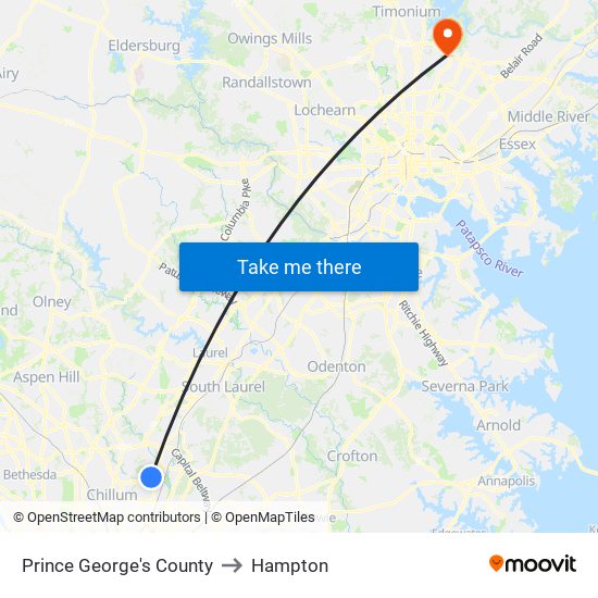 Prince George's County to Hampton map