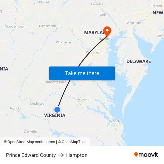 Prince Edward County to Hampton map