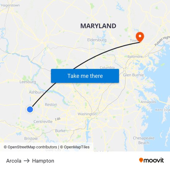 Arcola to Hampton map