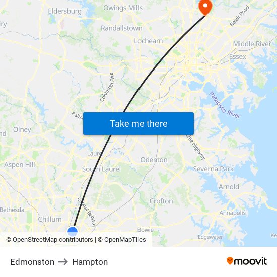 Edmonston to Hampton map