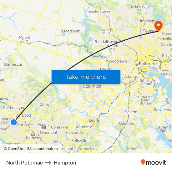 North Potomac to Hampton map