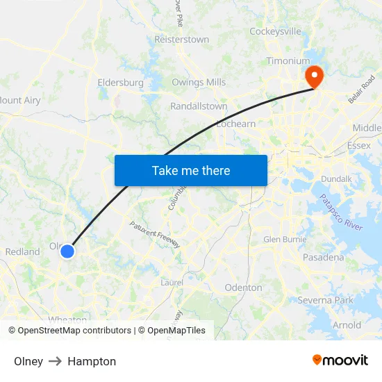 Olney to Hampton map