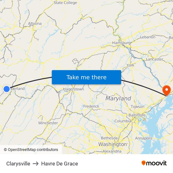 Clarysville to Havre De Grace map