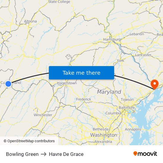 Bowling Green to Havre De Grace map