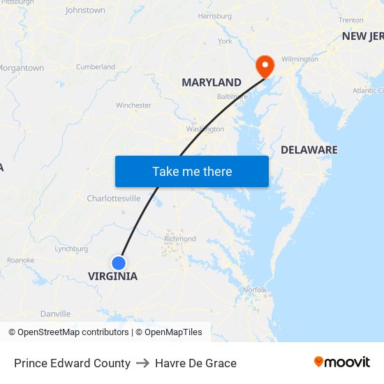 Prince Edward County to Havre De Grace map