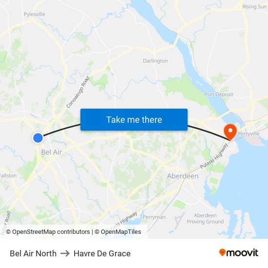 Bel Air North to Havre De Grace map