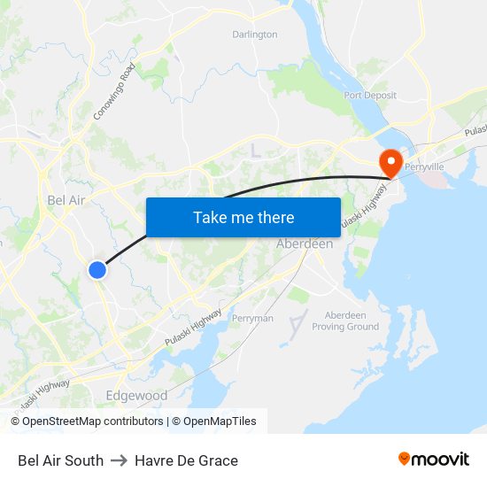 Bel Air South to Havre De Grace map