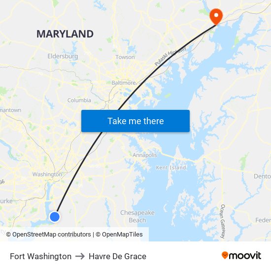 Fort Washington to Havre De Grace map