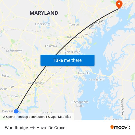 Woodbridge to Havre De Grace map