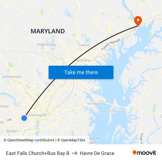 East Falls Church+Bay B to Havre De Grace map