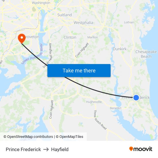 Prince Frederick to Hayfield map