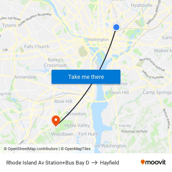 Rhode Island Av Station+Bus Bay D to Hayfield map