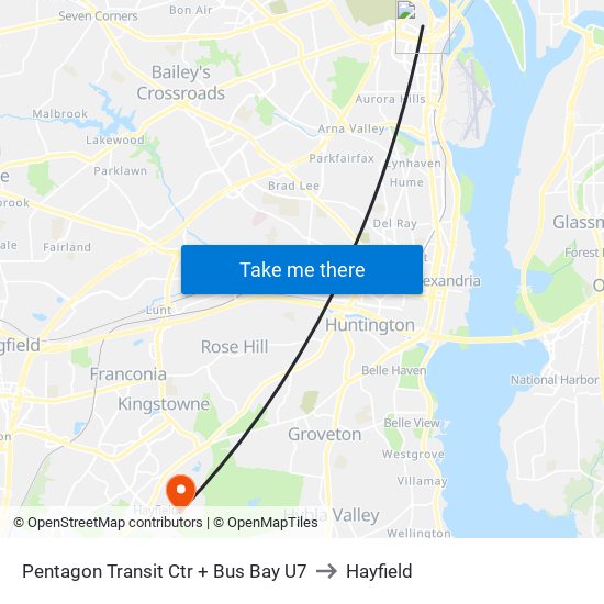 Pentagon Transit Ctr + Bus Bay U7 to Hayfield map