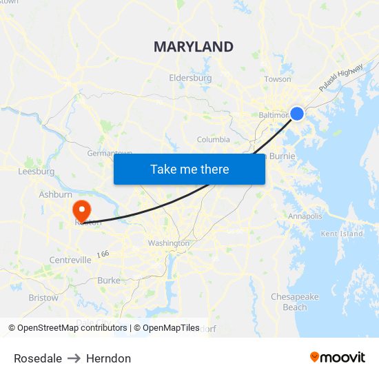 Rosedale to Herndon map