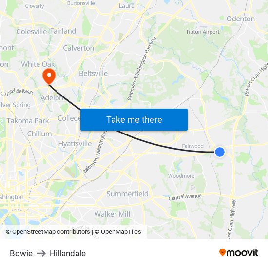 Bowie to Hillandale map