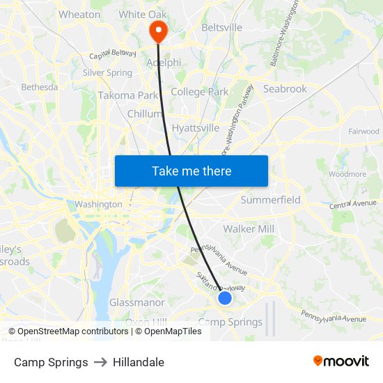 Camp Springs to Hillandale map