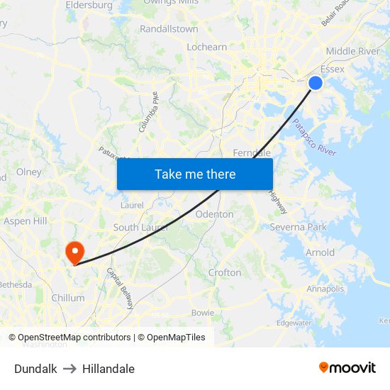 Dundalk to Hillandale map