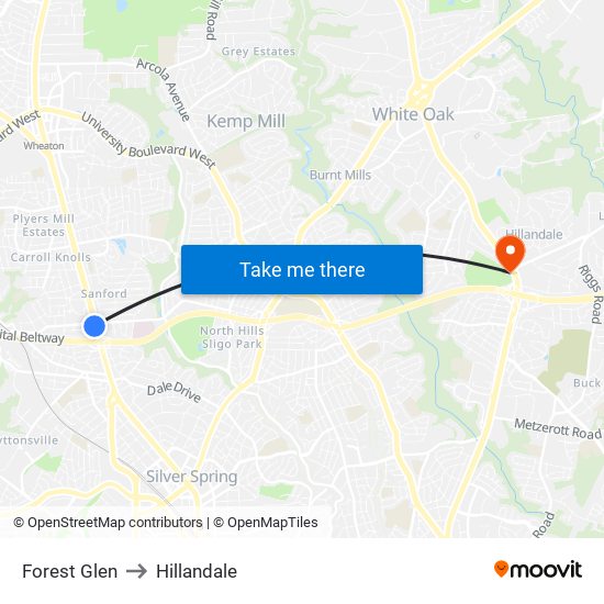 Forest Glen to Hillandale map