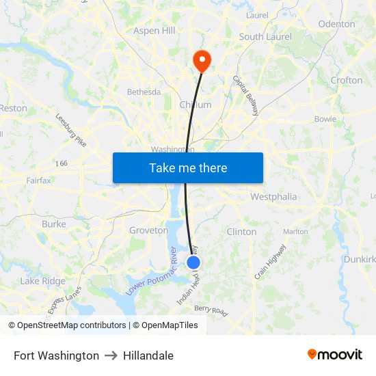 Fort Washington to Hillandale map