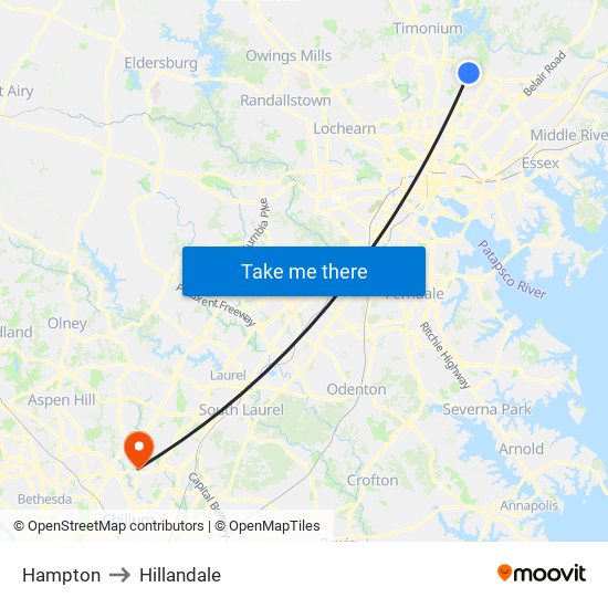 Hampton to Hillandale map