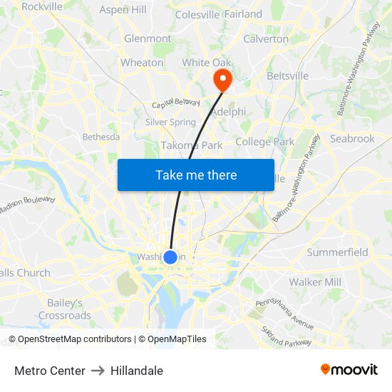 Metro Center to Hillandale map