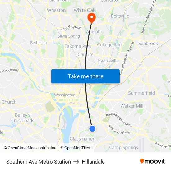 Southern Ave Metro Station to Hillandale map